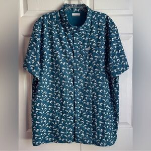 Columbia Men’s PFG Blue Marlin and Palm Tree Print Button Up Shirt Size XL